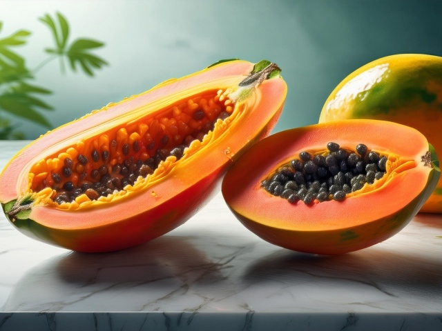 Папайя с черными зернами на столе