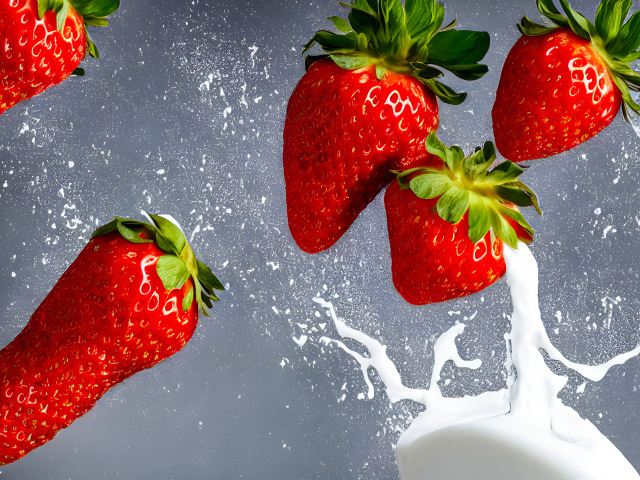 Красная клубника с брызгами молока на сером фоне