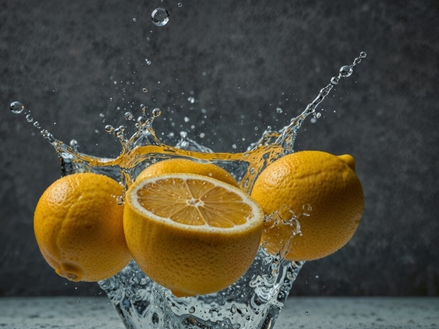 Желтый лимон в брызах воды на сером фоне