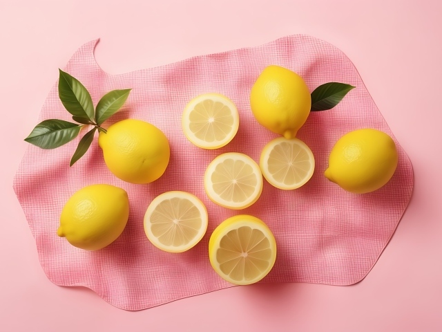 Желтые лимоны с полотенцем на розовом фоне