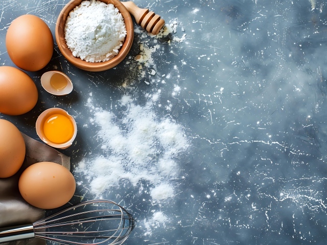 Свежие яйца, мука и венчик на сером столе