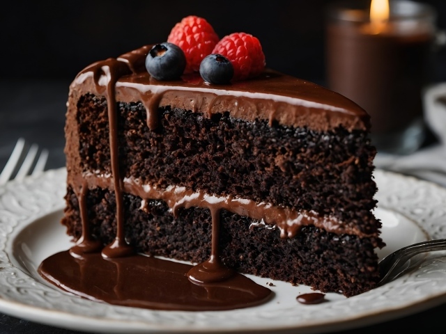 Кусок торта с жидким шоколадом и ягодами