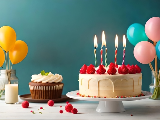 Праздничный торт на столе с шариками