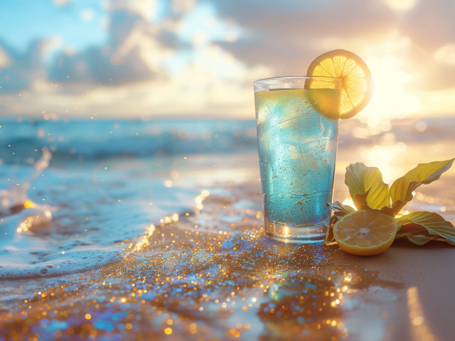 Коктейль с лимоном на берегу моря в лучах солнца