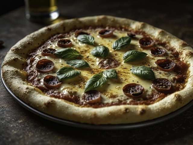 Пицца с колбасой и базиликом на столе