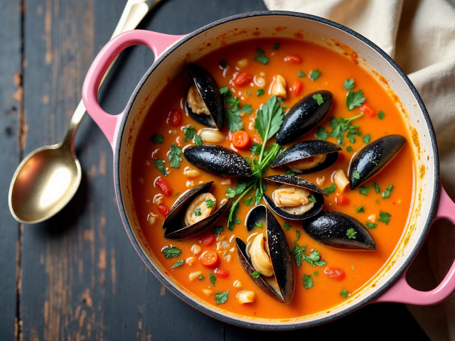 Томатный суп с мидиями на столе