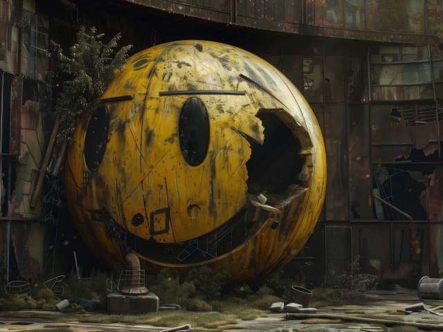 Огромный железный смайлик с разбитым боком лежит на свалке