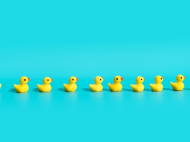 Маленькие игрушечные утята на голубом фоне