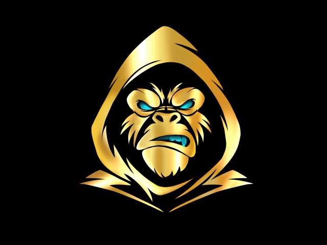 Желто бирюзовое изображение злой гориллы в капюшоне на черном фоне