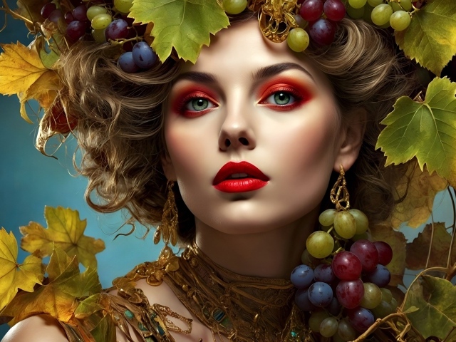 Красивая нарисованная девушка в винограде