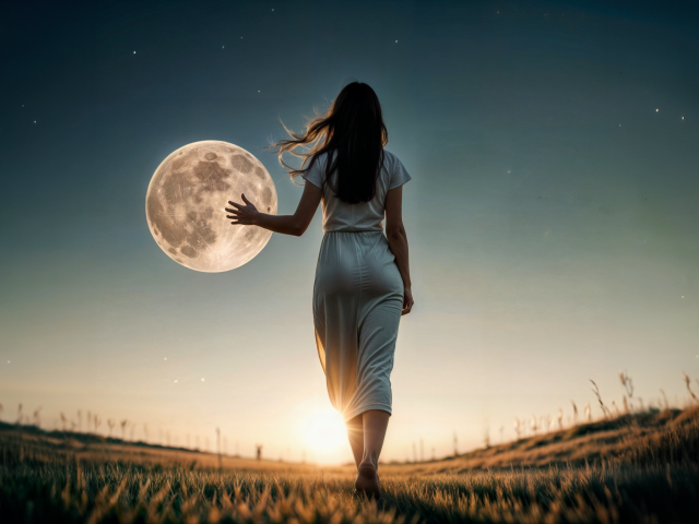 Девушка трогает луну рукой