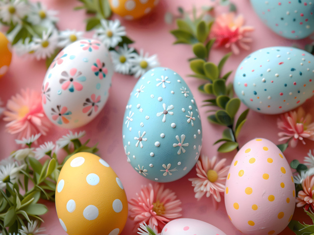 Красивые разноцветные яйца с цветами на розовом фоне на Пасху