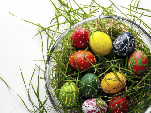 Тарелка с зеленой травой и крашеными яйцами на белом фоне