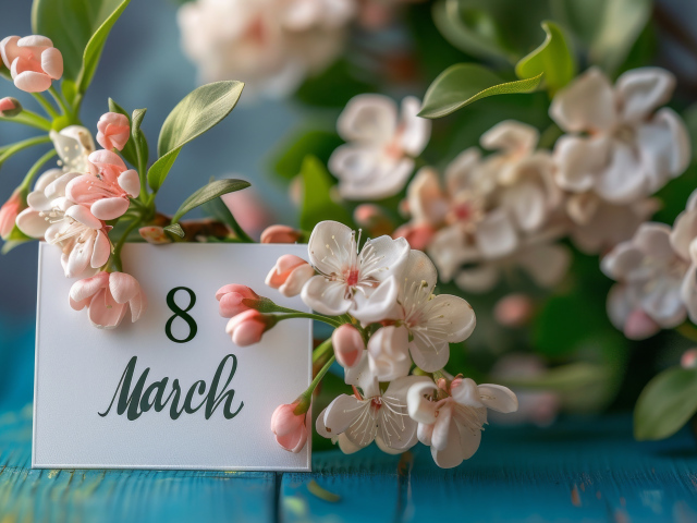 Цветы яблони с открыткой на 8 марта