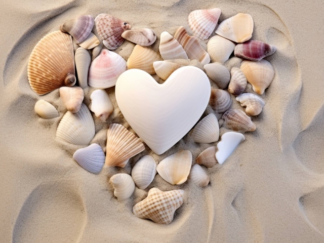 Сердце из ракушек на песке на пляже