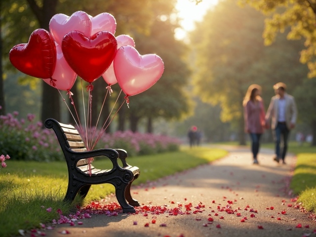 Шарики в форме сердца на лавке в парке летом
