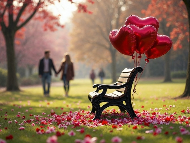 Лавка в парке с шариками в форме сердца