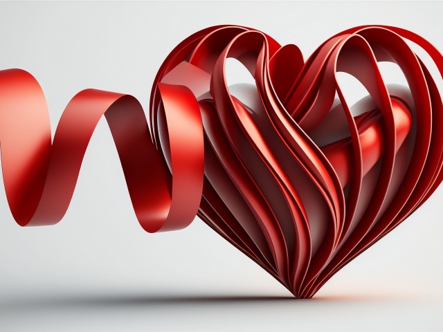Красное 3д сердце с лентой на сером фоне