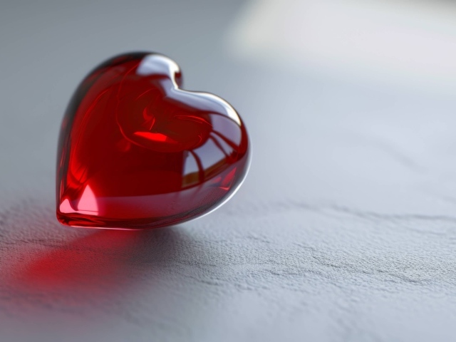 Красное стеклянное сердце на сером столе