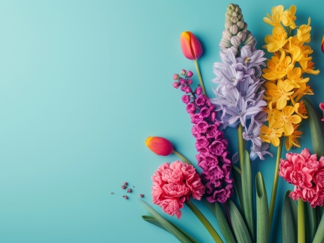 Букет красивых весенних цветов на голубом фоне
