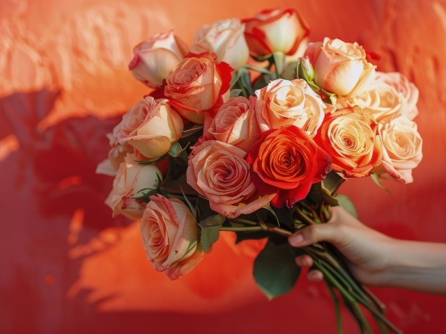 Букет роз в руке на фоне красной стены