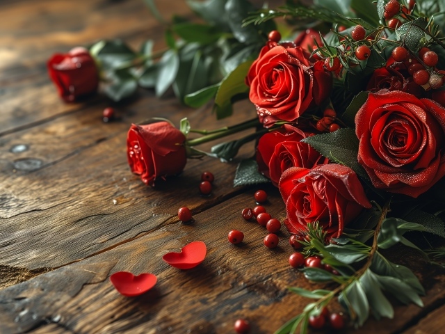 Красные необычные розы на деревянном столе