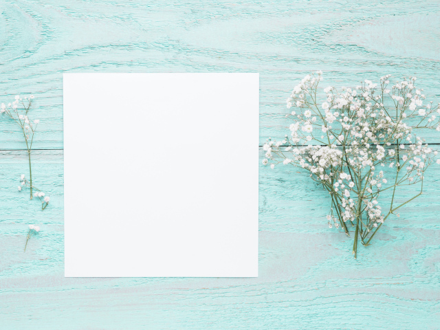 Лист бумаги с белыми цветами гипсофилы на голубом столе