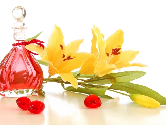 Желтые лилии на белом фоне с духами