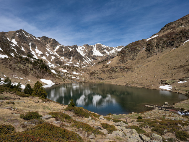 Озеро в горах Андорры под голубым небом