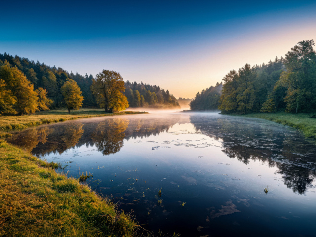 Туман над тихой рекой на рассвете 