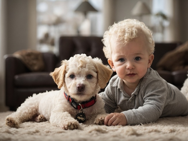 Маленький кудрявый мальчик с щенком