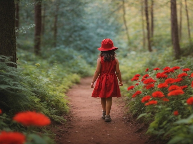 Маленькая девочка в красном платье в лесу 