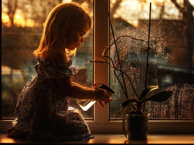 Маленькая девочка поливает цветок на подоконнике 