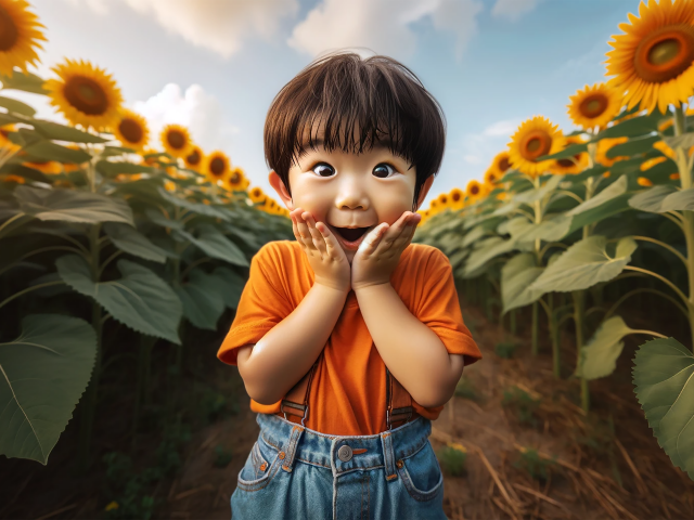 Удивленный азиатский ребенок на поле с подсолнухами