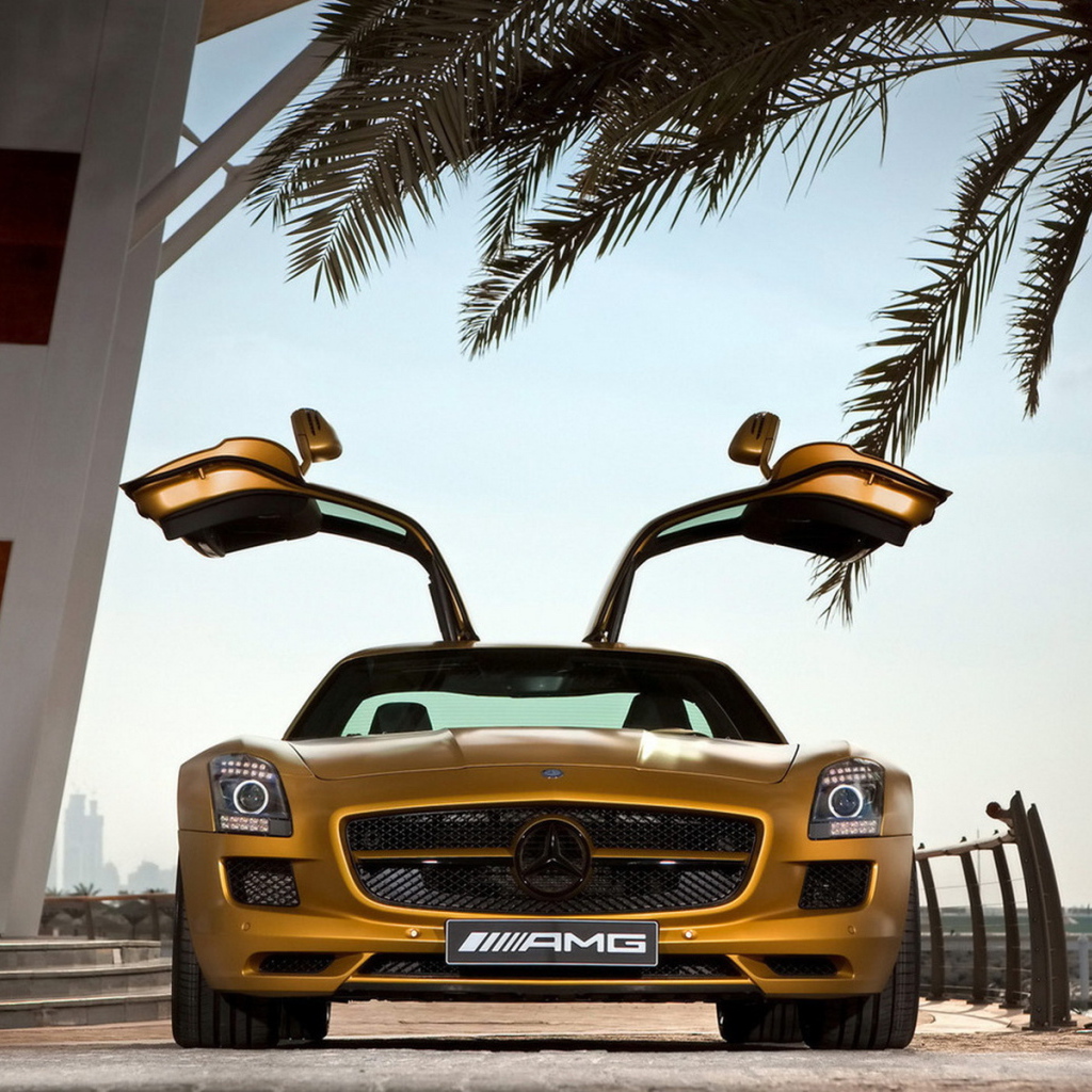 Mercedes Benz SLS AMG Desert Gold в тени пальмы