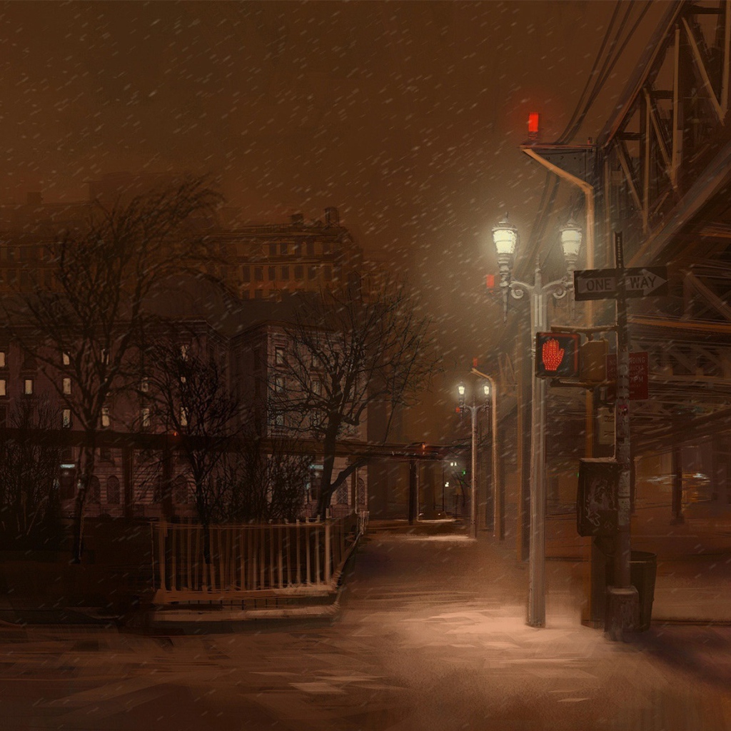 Мелкий снег на ночной улице