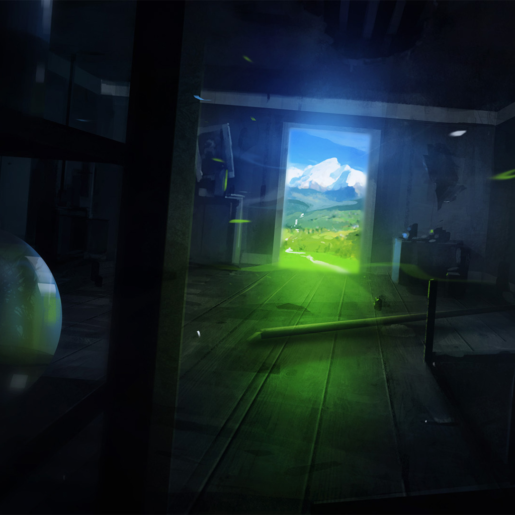 Темная комната с видом на горы