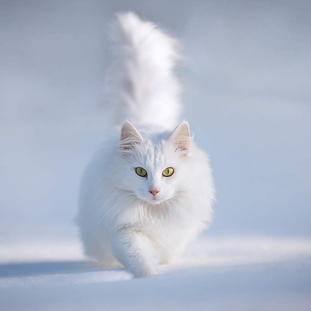Белый кот бежит по снегу