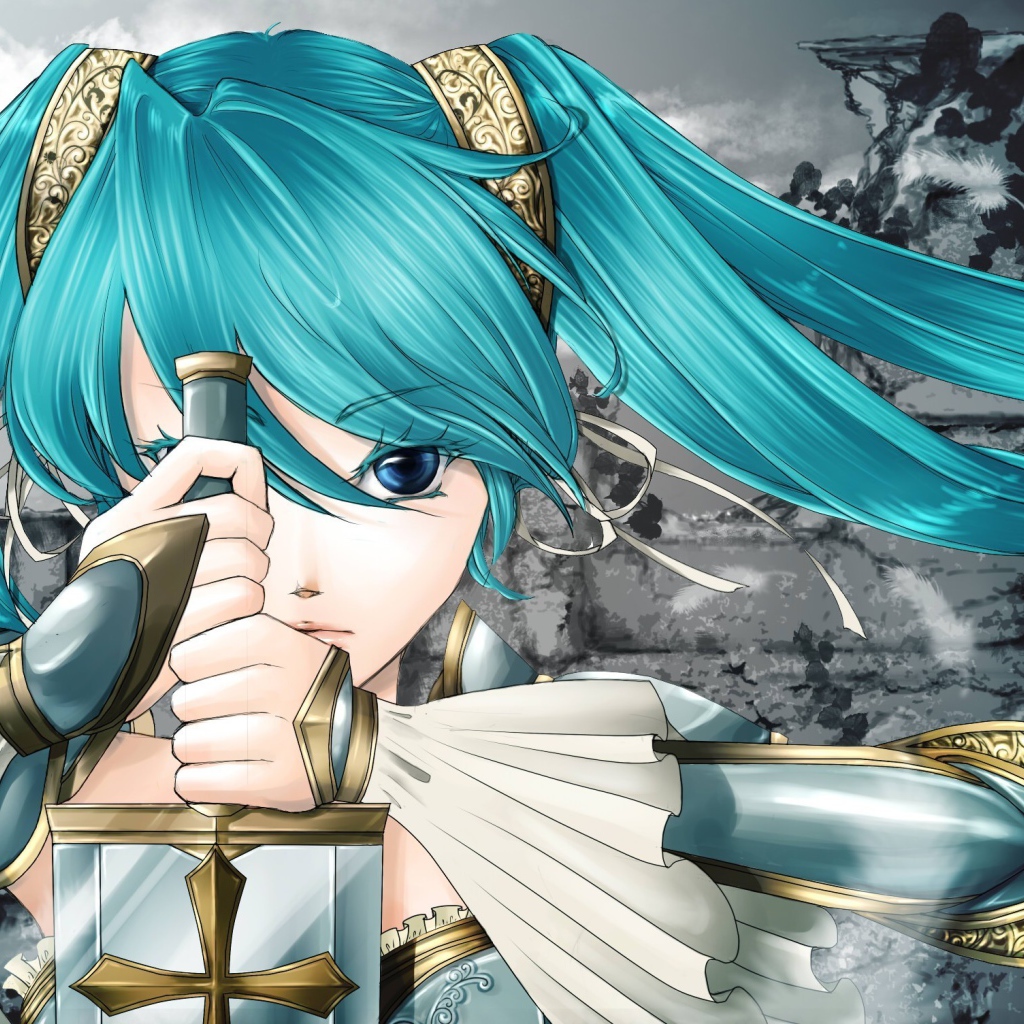 Девушка с голубыми волосами и мечом