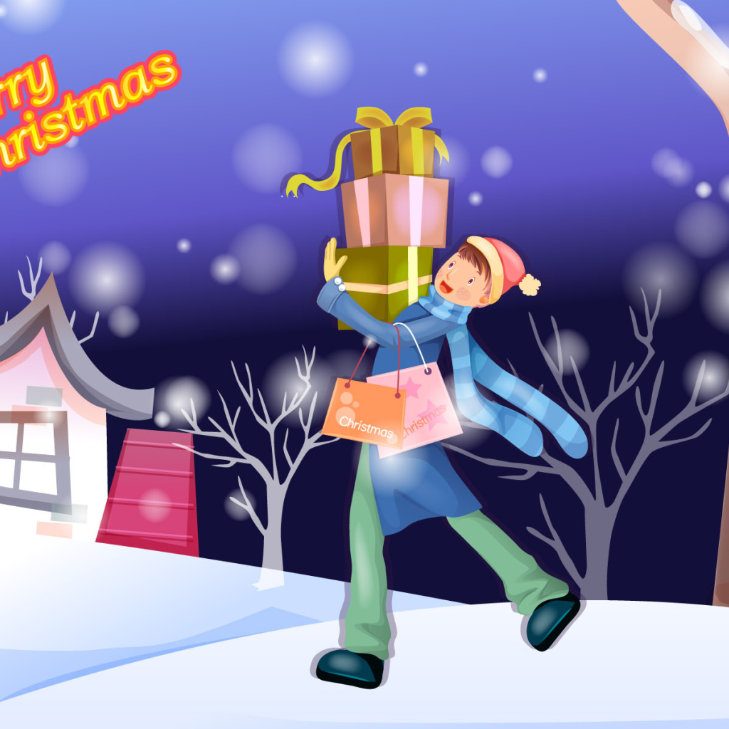 Мальчик идёт дарить подарки на рождество