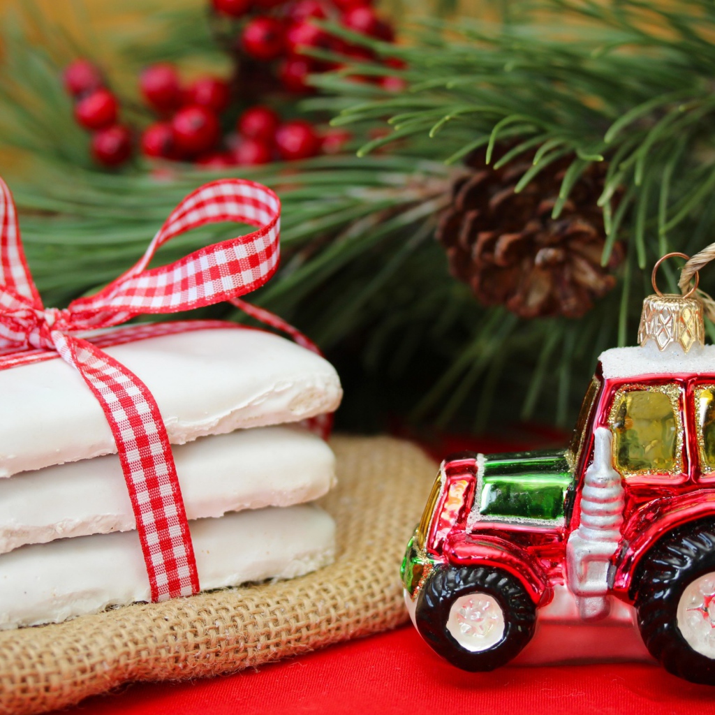 Лакомство и ёлочная игрушка в виде машинки на рождество
