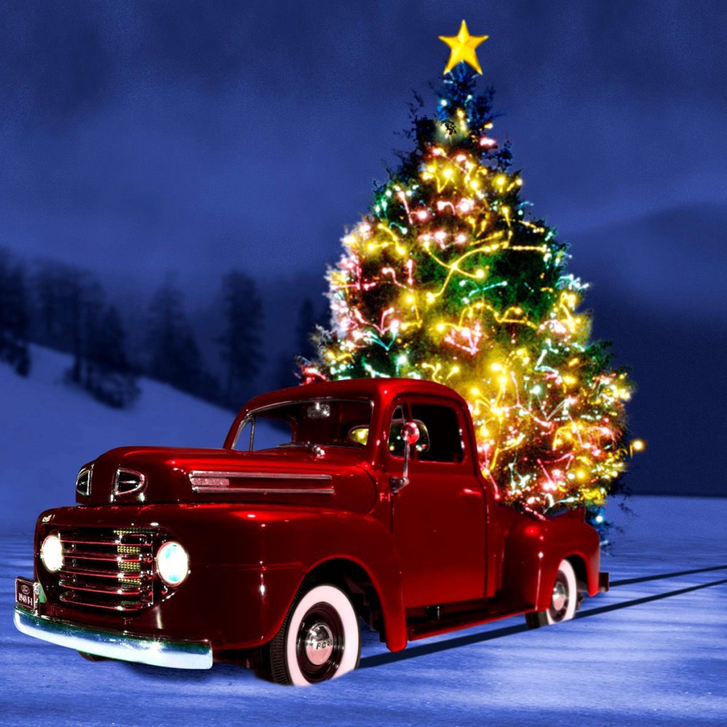 Red car on a background of the Christmas tree on Christmas