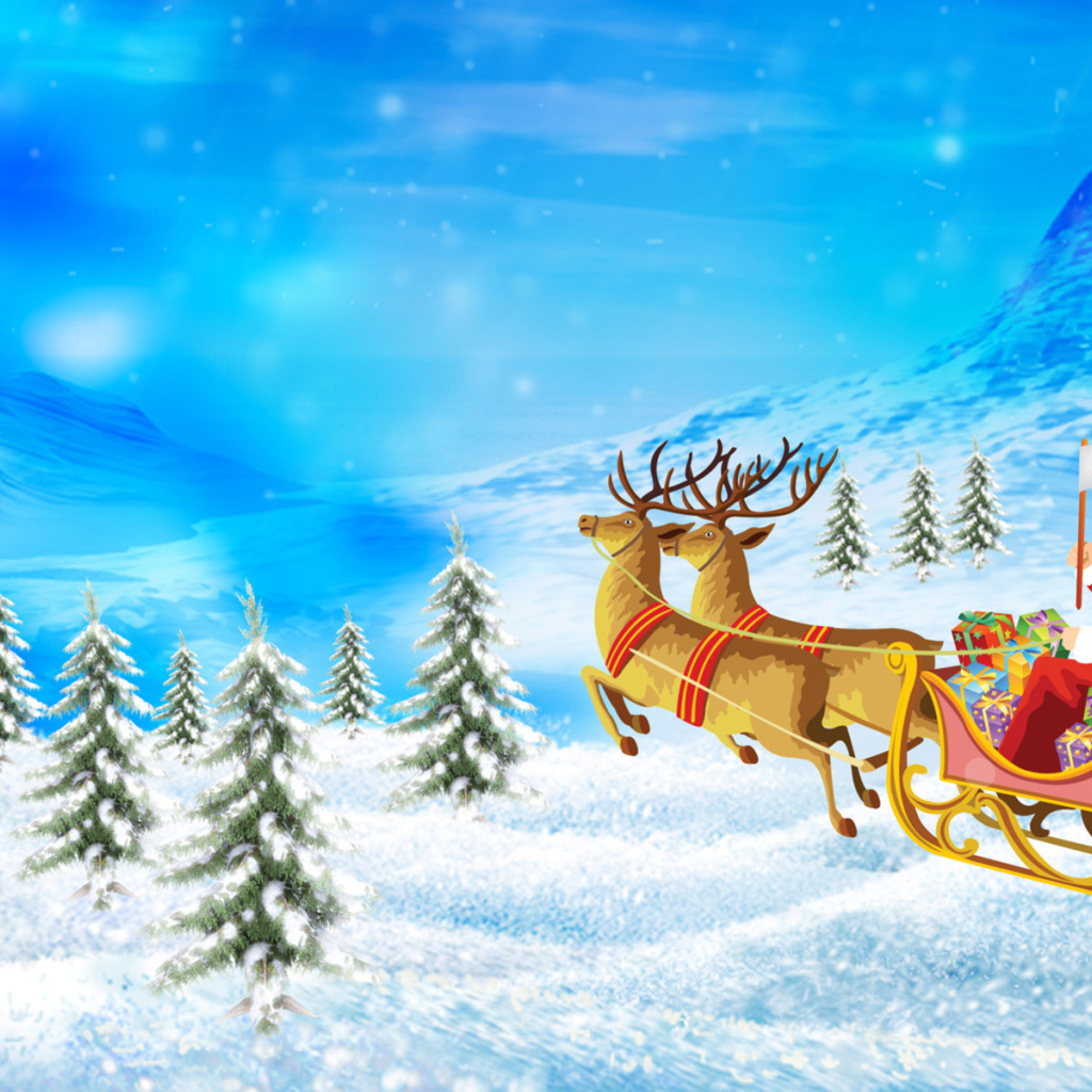 Дед Мороз в упряжке с оленями на рождество