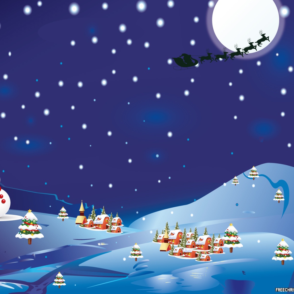 Снеговик смотрит на упряжку с оленями на рождество