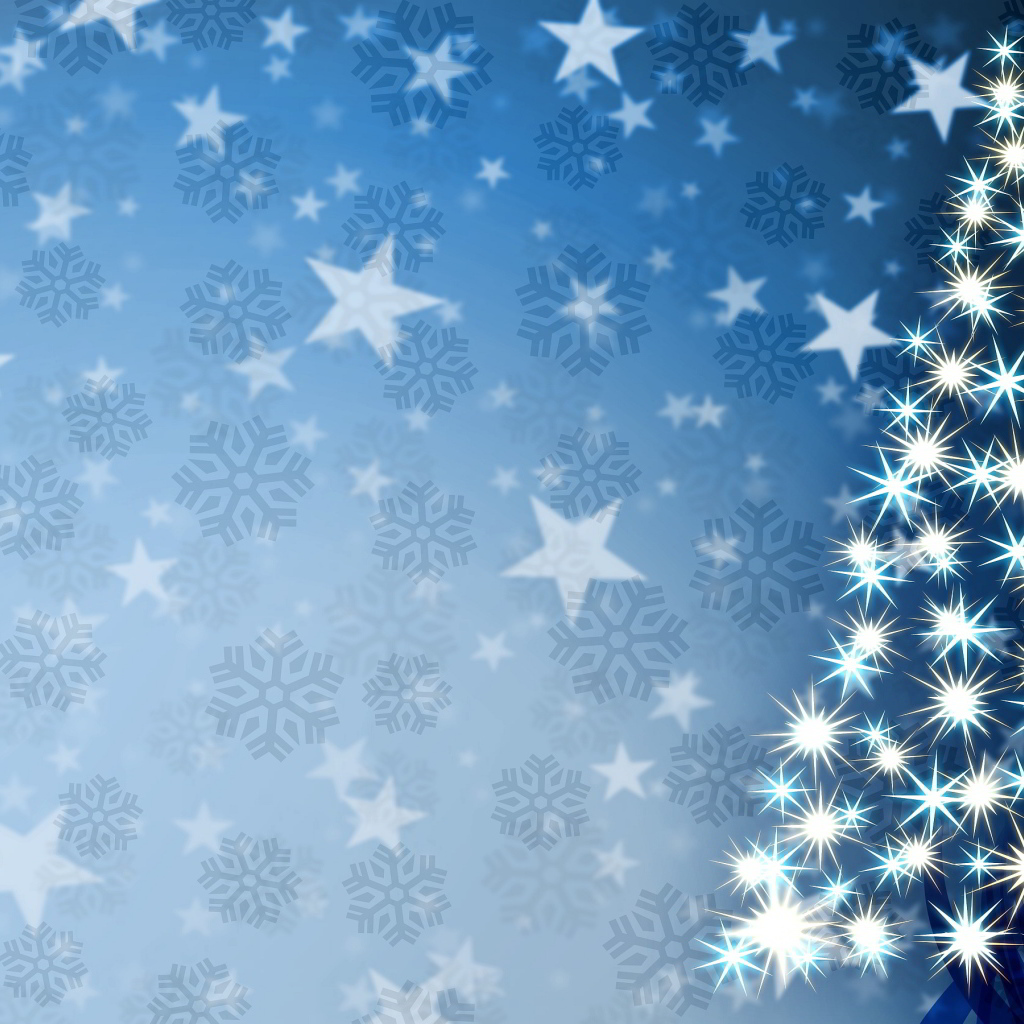 Stars in the form of a Christmas tree on snowflakes background on Christmas