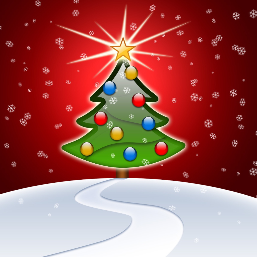 Ёлка на снежном холме на красном фоне на рождество