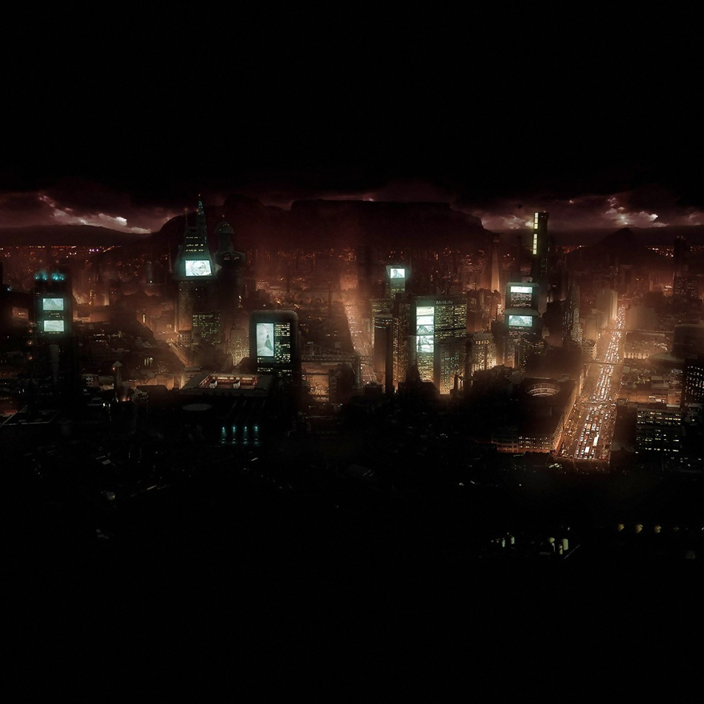 Ночной город с экранами на домах