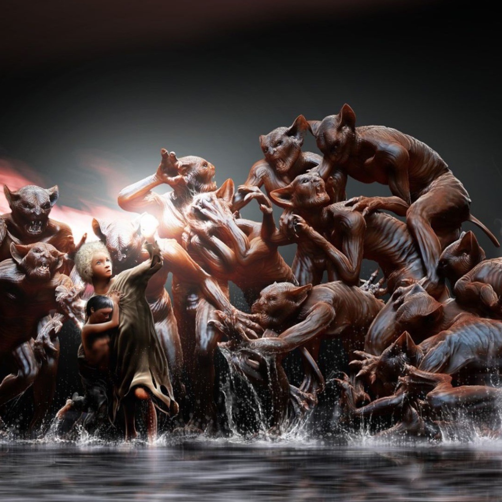 Женщина защищает ребенка от монстров