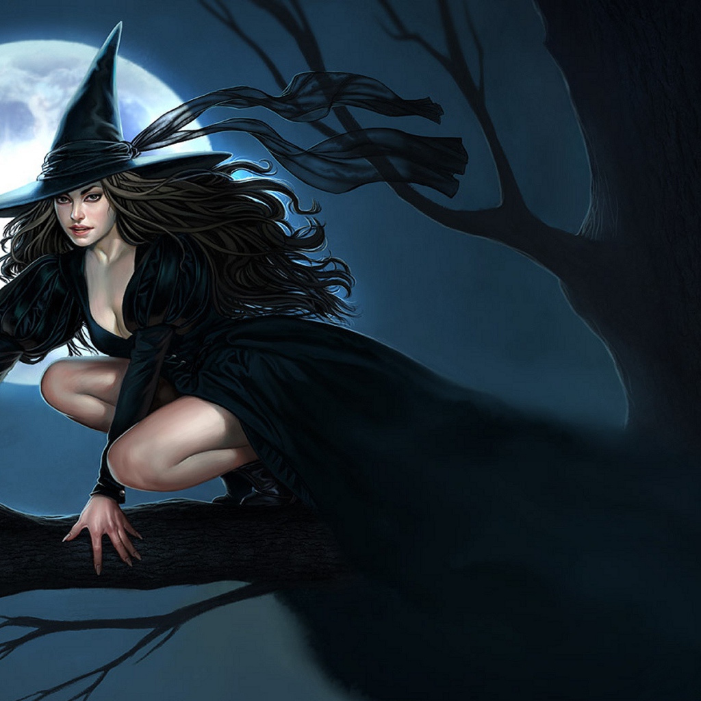 Ведьма на дереве при луне