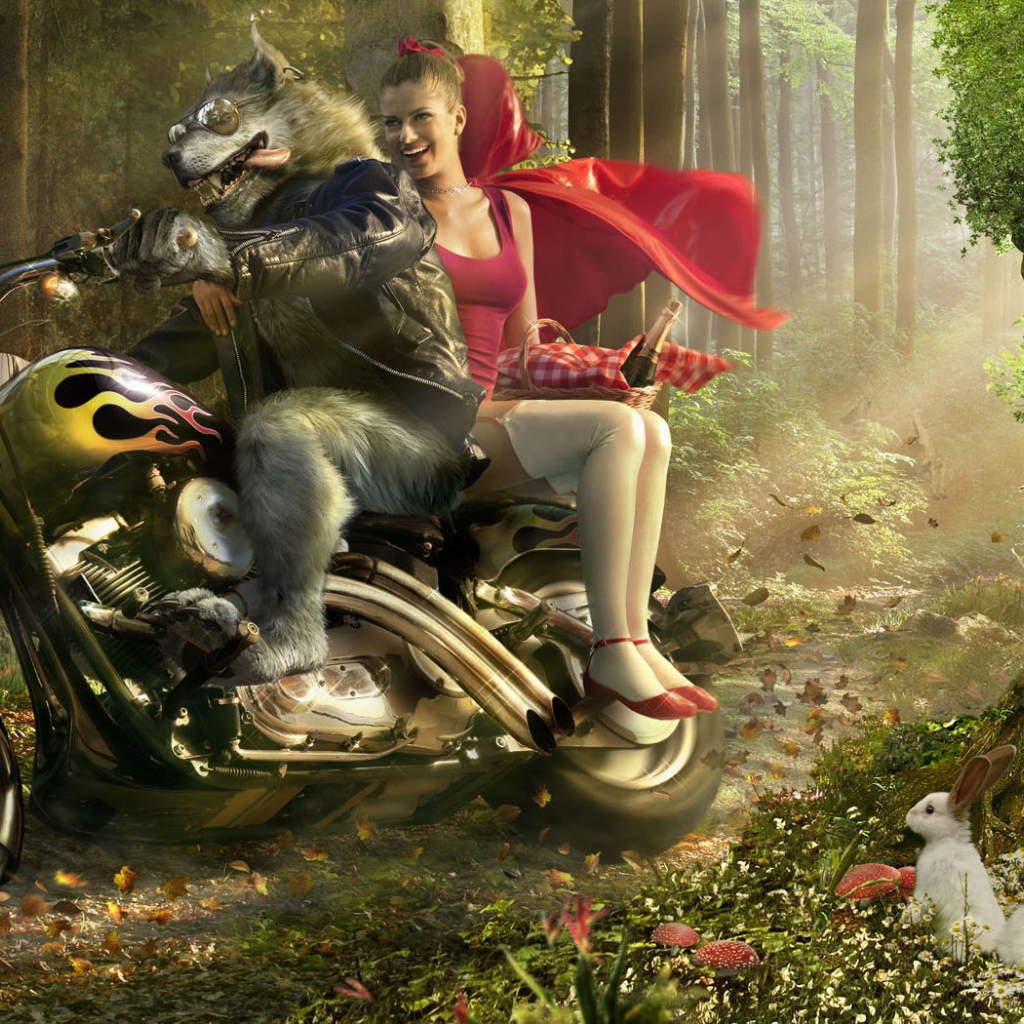 Волк с Красной шапочкой на мотоцикле